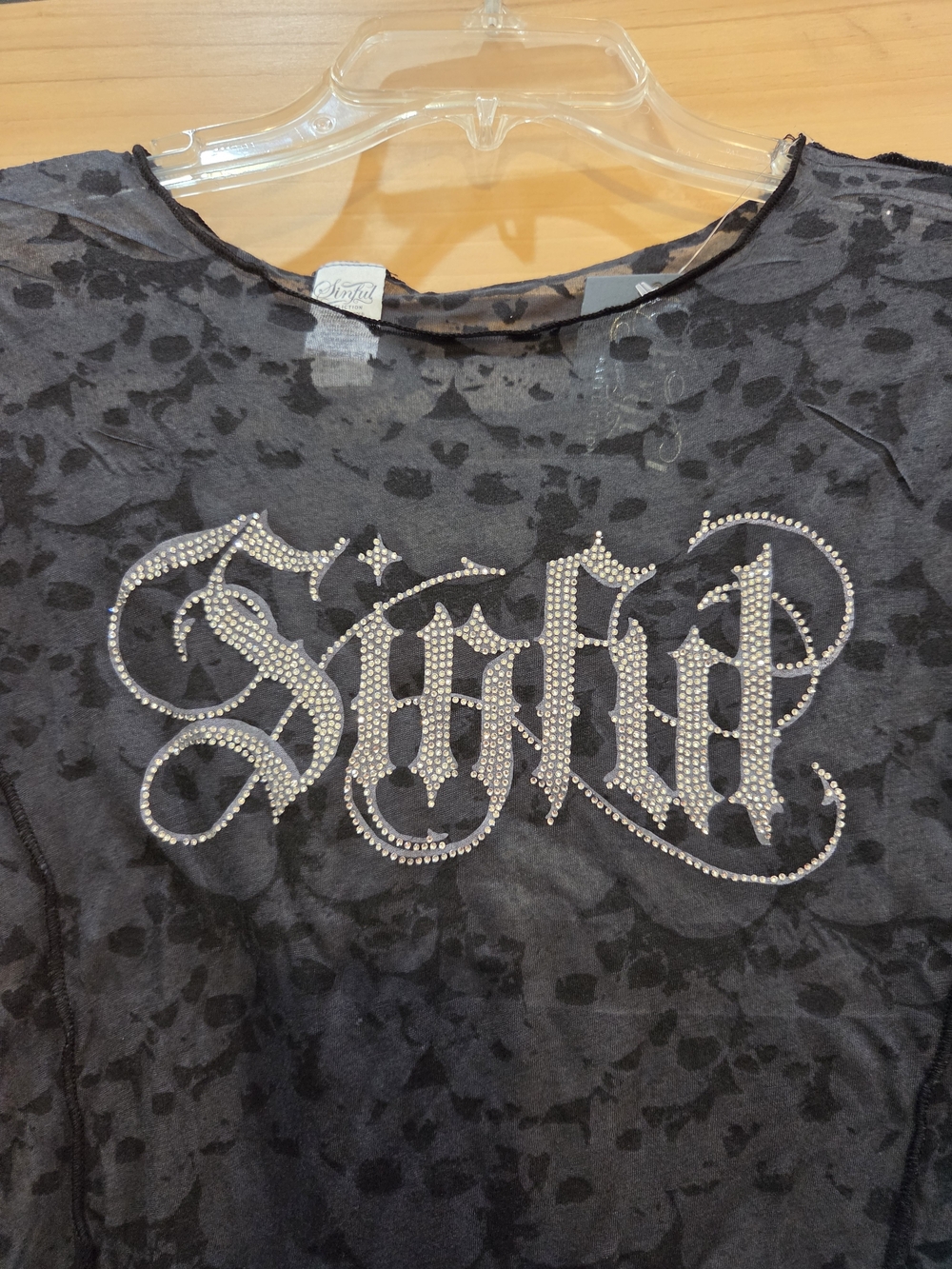 NWT | Sinful Affliction Sheer Skull Lettuce Hem Shirt Rhinestone Logo | Medium - Picture 2 of 6